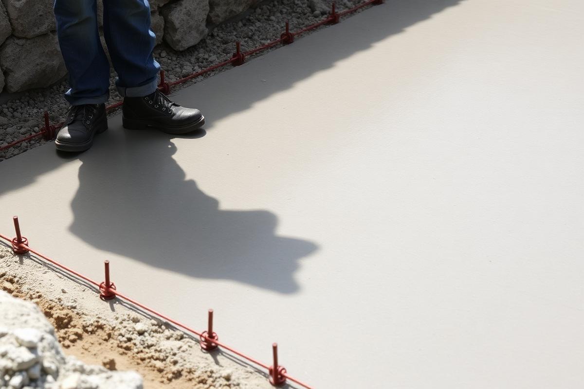 Freshly poured concrete slab with reinforcement